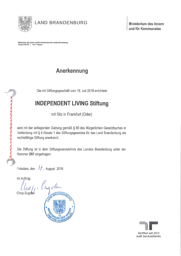 IL Stiftung Anerkennungsurkunde